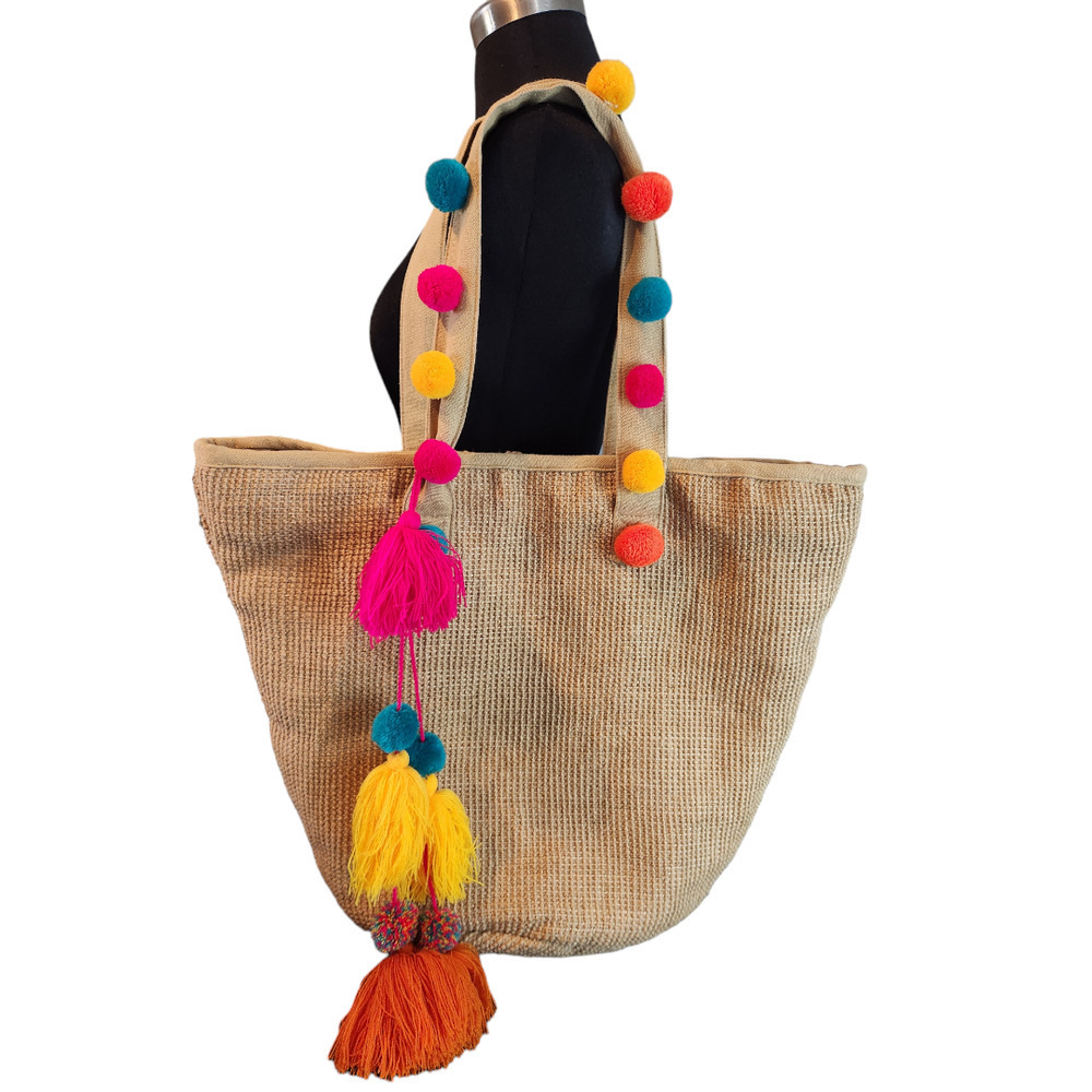Jute summer bag with pom pom and tassels large beach pool bag boho Hippie
